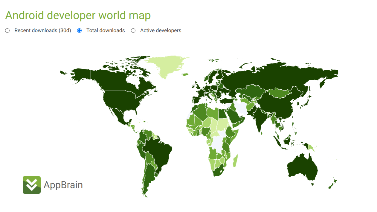 Developer world map on AppBrain — countries colored by Android download volume, with a sortable country table