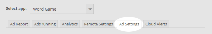 The "Ad Settings" tab is in the "Publisher Apps" part of our dashboard